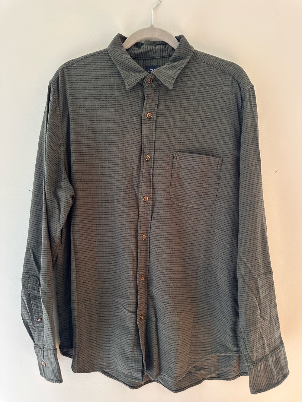 J.Crew Men’s Slub Dobby Shirt in Loren green Navy Stripe Button Down size Large
